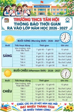 TRƯỜNG THCS TÂN HỘI THÔNG BÁO VỀ THỜI GIAN RA VÀO LỚP NĂM HỌC 2026-2027