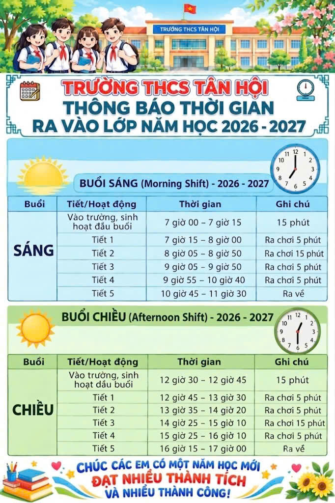 TRƯỜNG THCS TÂN HỘI THÔNG BÁO VỀ THỜI GIAN RA VÀO LỚP NĂM HỌC 2026-2027